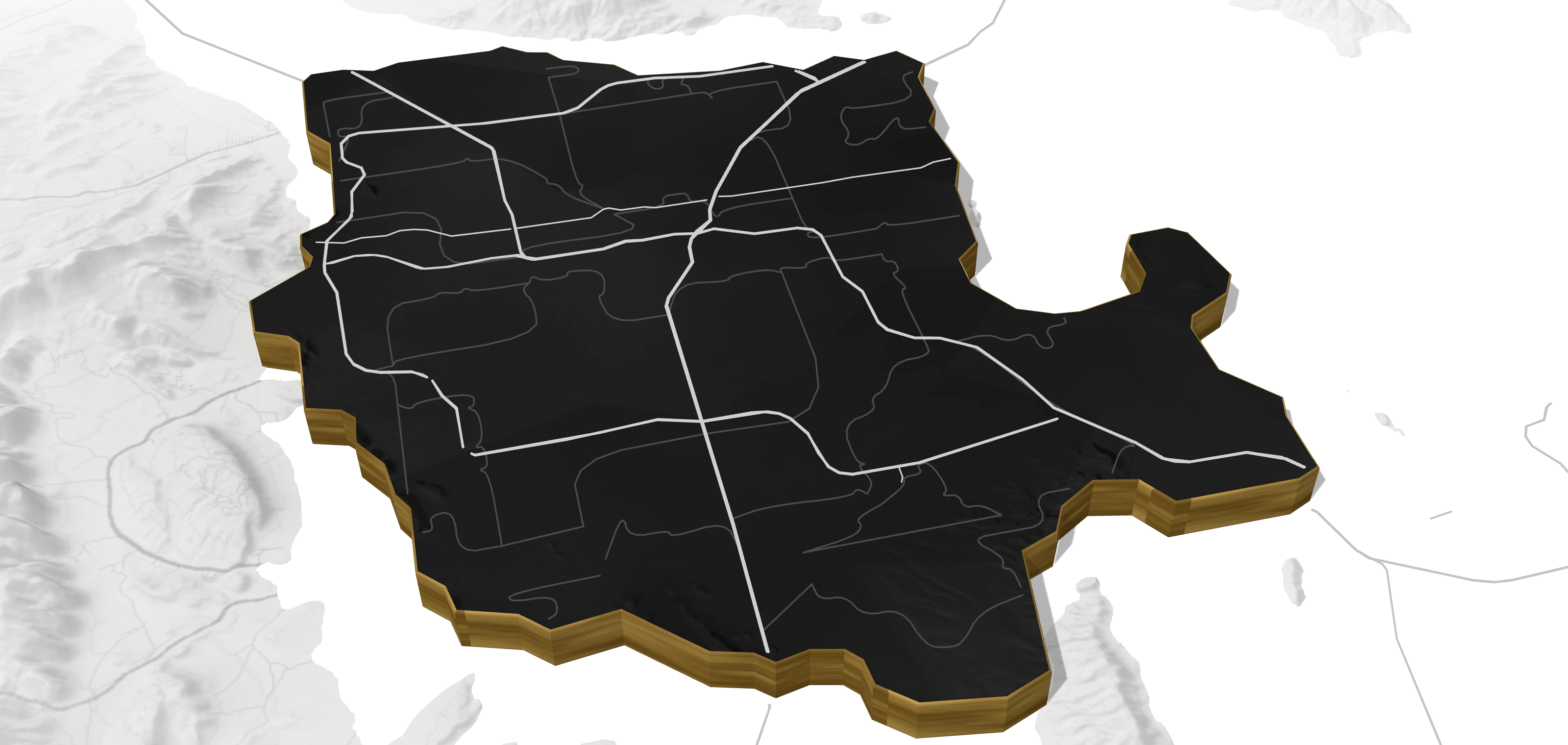 Stylized relief map of the Las Vegas Valley: a dark slab with gold edges, freeways and sixteen neighborhoods