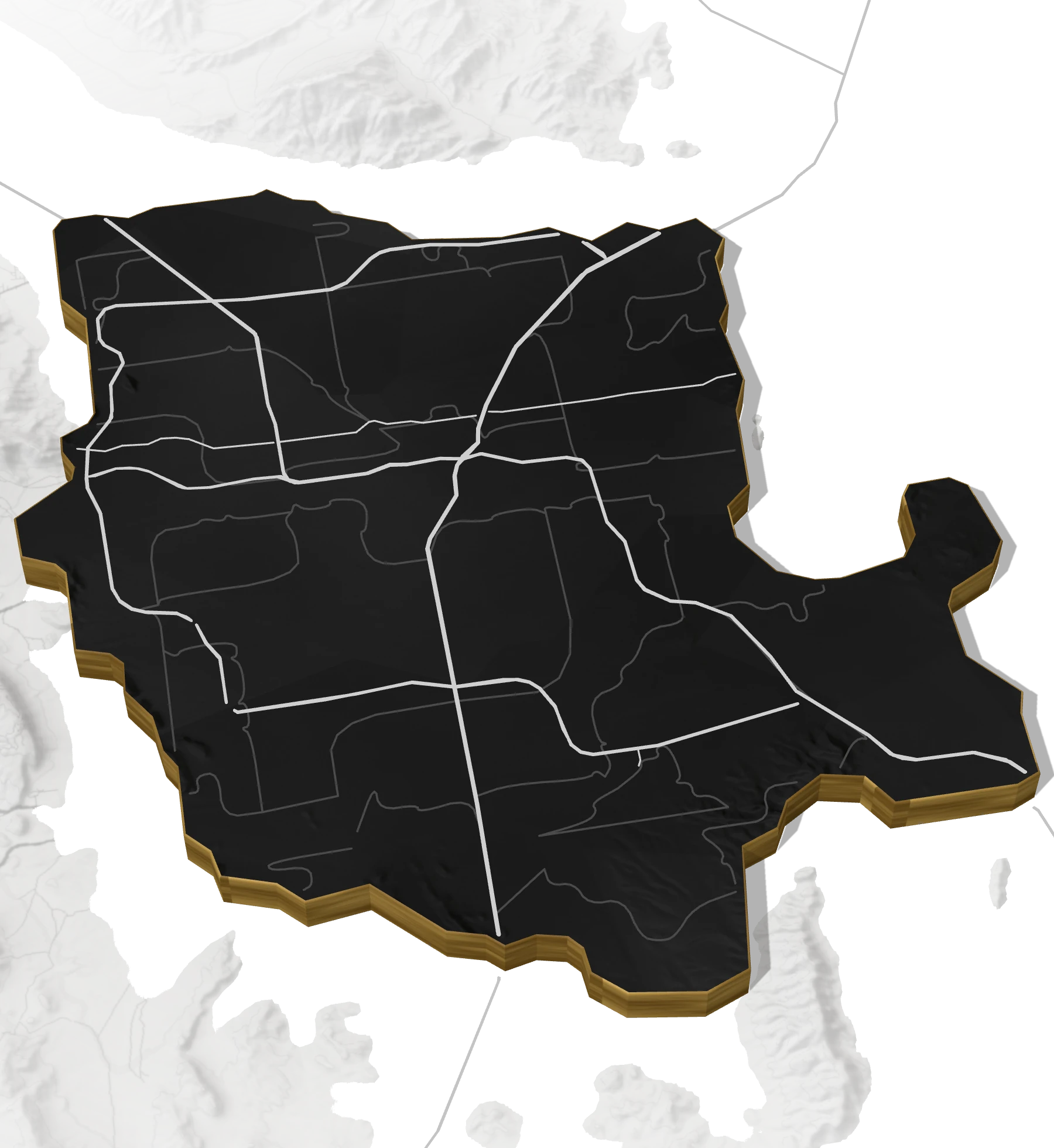 Stylized relief map of the Las Vegas Valley: a dark slab with gold edges, freeways and sixteen neighborhoods